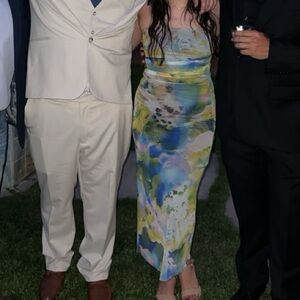 Zara strapless green blue pattern dress